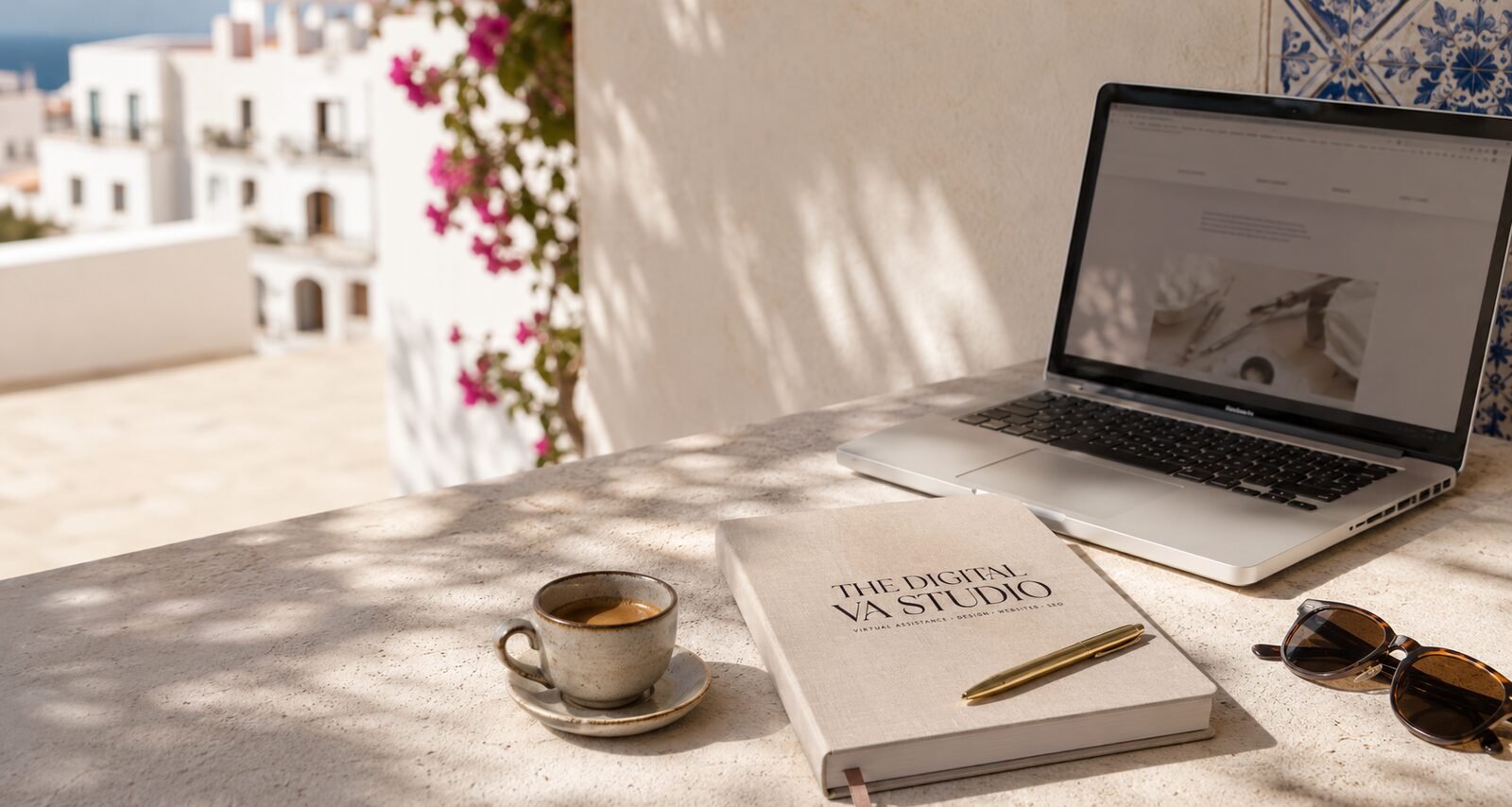 Sunlit terrace workspace with laptop, coffee and The Digital VA Studio notebook